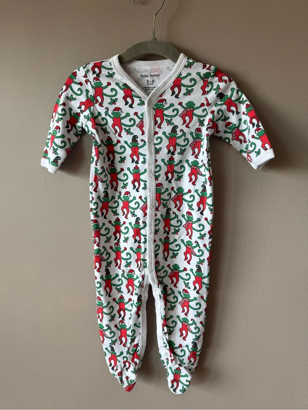 Roller Rabbit Baby Monkey Christmas Holiday Print One Piece Pajamas 3-6 Months